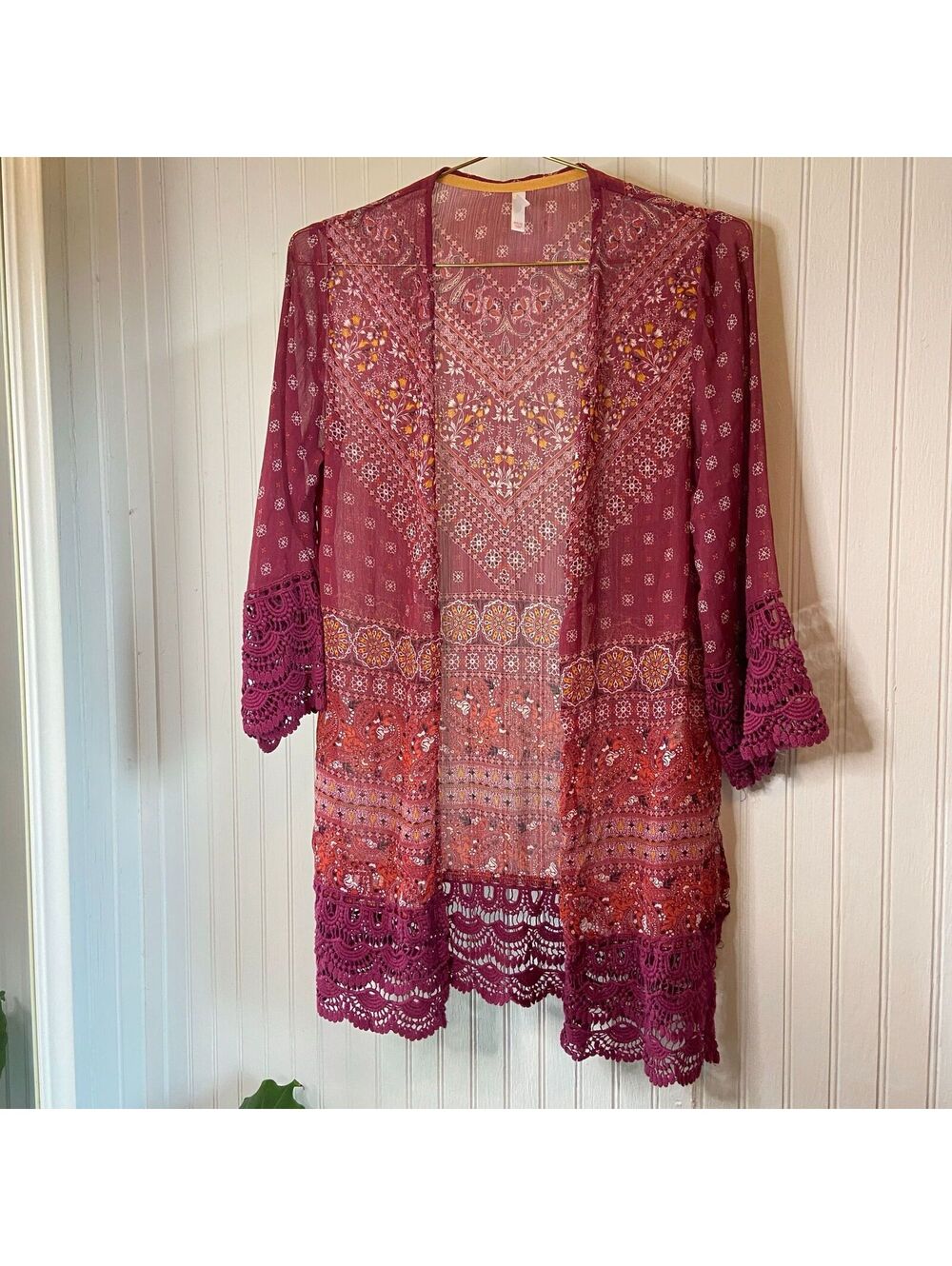 Festival Kimono Boho Crochet Western Fringe Floral Xhilaration Duster Fairy